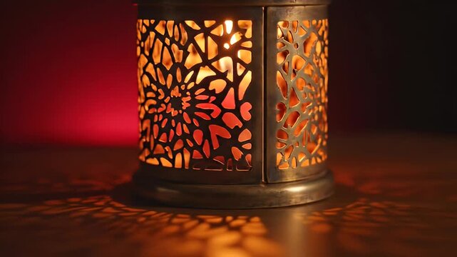 Close-up of a lit Moroccan-style lantern casting intricate floral patterns of light and shadow