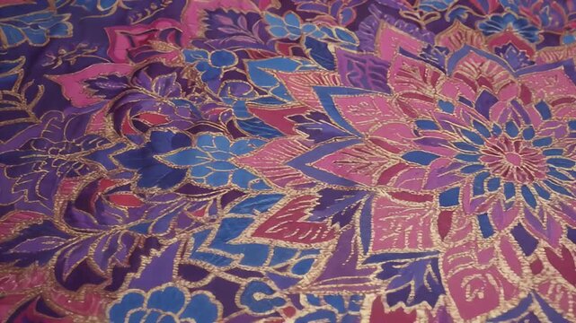 Close-up of a luxurious, flowing silk fabric with an intricate floral and mandala-inspired pattern