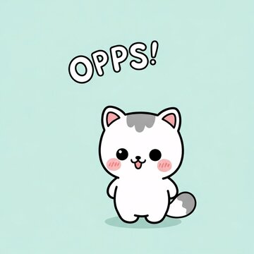 A cute cartoon white cat with grey spots and pink cheeks looks mischievous with its tongue out, standing on a light blue-green background with 'OPPS!' written above.