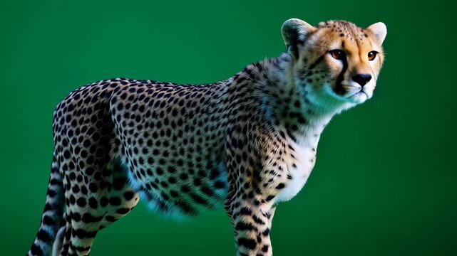 Graceful Cheetah Walking with Purpose on a Green Screen Background, Isolated for Easy Video Compositing