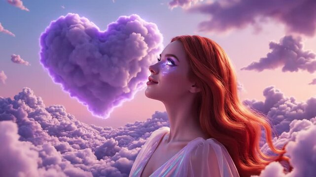 Young woman with red hair in a dreamlike sky scene with a heart-shaped cloud