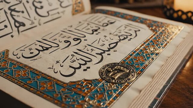 Beautifully Illuminated Islamic Manuscript with Arabic Calligraphy and Golden Ornate Border on Old