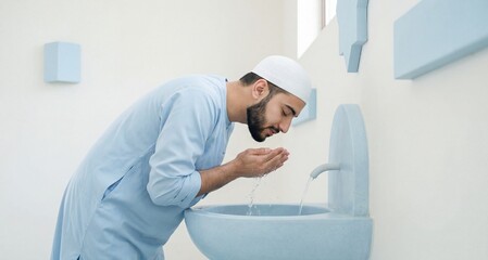 Muslim man washing before prayer at sink in light blue room  