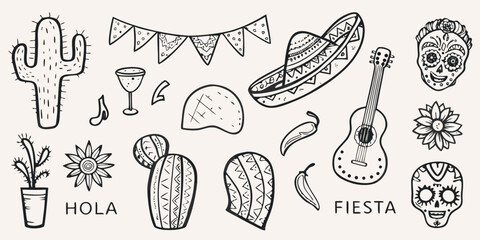 A collection of hand drawn mexican themed illustrations and decorative elements © NaderAli