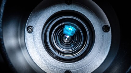 Close up of a multifaceted robotic camera lens with blue light reflection in the center