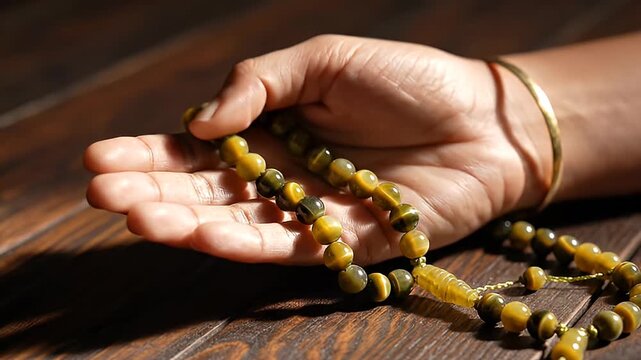Close-up of a person's hand holding prayer beads made of tiger's eye stone, emphasizing spirituality
