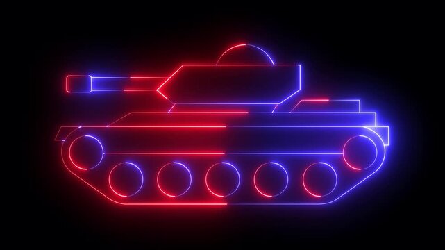 glowing neon Military tank icon isolated on black background. Military tank icon, perfect for military themed designs, presentations. military vehicle symbol concept. 4k video animation.