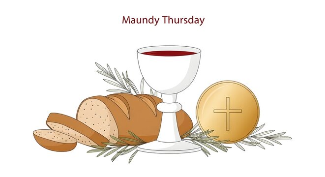 Maundy Thursday illustration with bread, wine, and communion elements