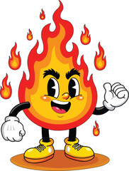 Cute Fire Mascot Cartoon Character Vector Illustration, Funny Flame Emoji Character with Face, Isolated on Background, EPS10