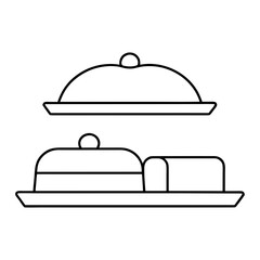 Fototapeta premium A line art icon showcasing an elegant butter dish with a lid, positioned on a serving tray with other items.