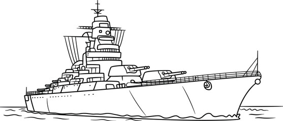 Battleship warship outline vector illustration, military naval vessel with cannons and radar tower sailing on sea isolated design © Sophia Creatives