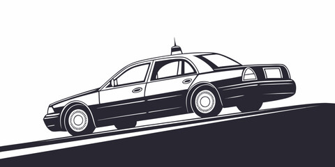 A black and white police car driving on a road with a taxi sign on top © Mamun