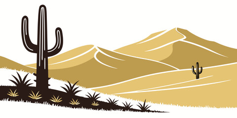 A single cactus stands tall amidst rolling desert dunes under a clear sky © Mamun