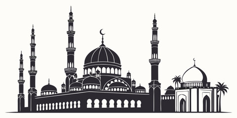 Intricate silhouette of a mosque with minarets and domes against a clear sky © Mamun