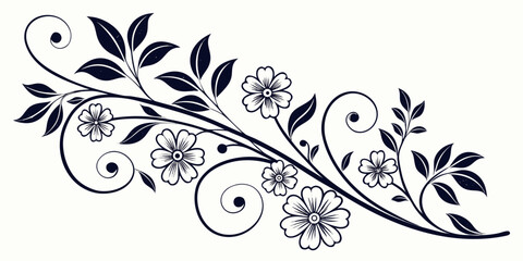 Intricate black and white floral design with swirling vines and delicate flowers