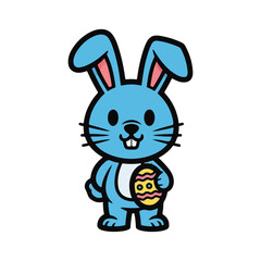 Obraz premium Adorable blue cartoon bunny holding a colorful Easter egg with a cheerful expression, rendered in a cute, simple, flat design style for holiday celebrations.