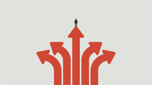 A minimalist illustration of a red directional arrow sign with multiple branches, set against a plain white background (2)_traced