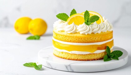 Zesty Lemon Layer Cake with Cream and Fresh Mint on Marble