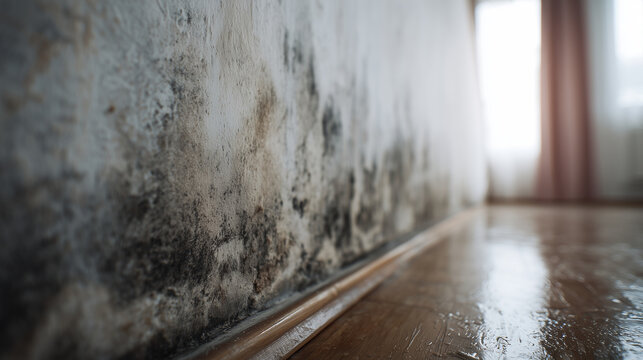 Interior wall with black mold and moisture damage in empty room with wooden floor for home insurance claims, renovation services and humidity control concepts