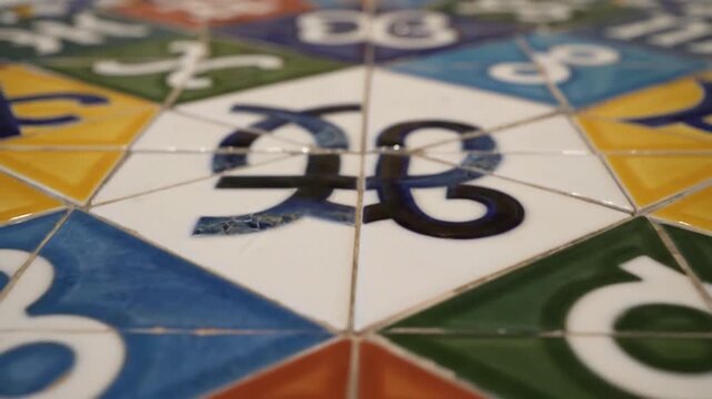 Intricate mosaic pattern of colorful ceramic tiles with symbols
