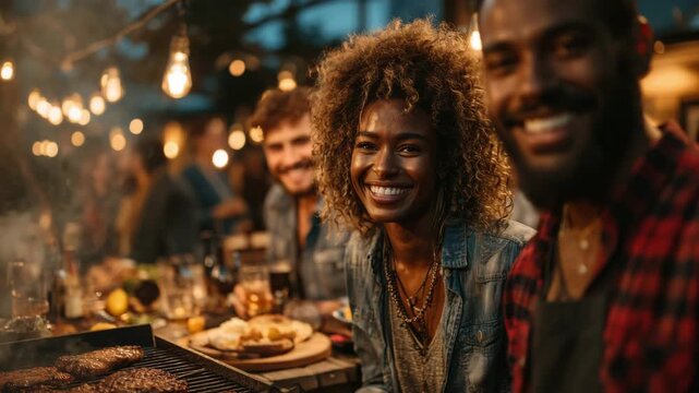 A lively group enjoys a barbecue gathering under dim lights, sharing smiles, delicious grilled food, and drinks in a cozy outdoor atmosphere. The night is filled with laughter and camaraderie.