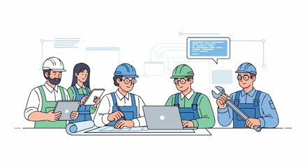 Five diverse workers in hard hats and vests using laptops and tools in a modern office setting with a professional mood.