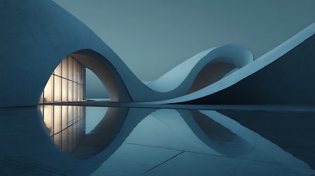 Modern architectural structure with curved lines and circular opening reflecting in calm water surface under soft blue lighting