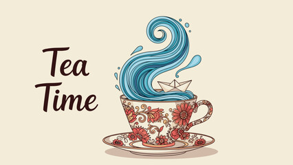 Obraz premium Elegant teacup with red floral patterns filled with blue sea waves and a paper boat for tea time celebration.