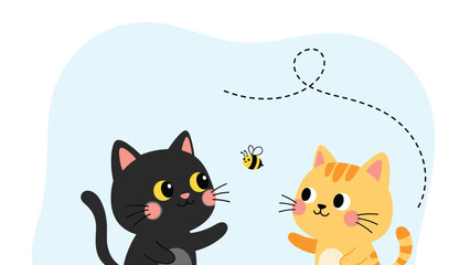 Obraz premium Playful cartoon cats, one black and one ginger, attempt to catch a small honey bee on a blue background in the garden.