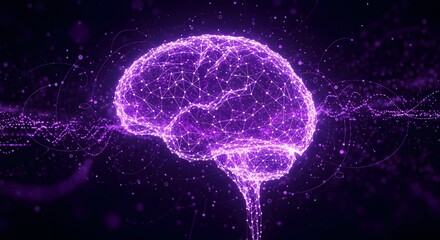 A vibrant and intricate representation of a human brain with glowing purple neurons.