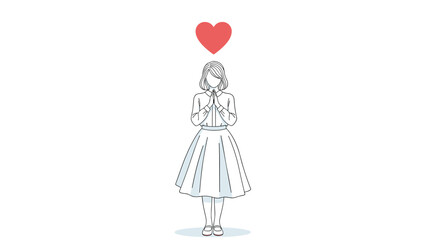 Simple line drawing shows a woman in a skirt with her hands together and a large red heart floating above her head on white.