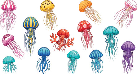 Colorful Jellyfish Vector Illustration Set Featuring Realistic Sea Creatures with Flowing Tentacles for Ocean, Marine Life, and Underwater Design © Priyanka