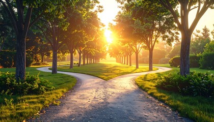 Obraz premium Path splits under a bright sun filtering through lush green trees, grassy borders creating a serene landscape scene