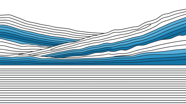 Abstract landscape with blue hills and parallel lines creates a tranquil scene of mountains reflecting on a calm lake.