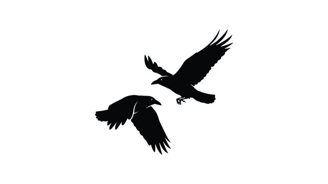 Black silhouettes of two ravens flying together against a stark white background in a minimal graphic style.