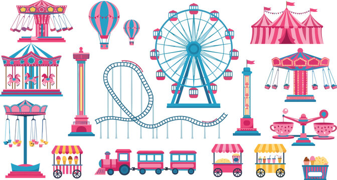 Colorful Amusement Park Vector Set with Ferris Wheel, Roller Coaster, Carousel, Circus Tent, Food Carts, and Carnival Ride Illustrations