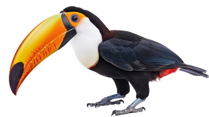 Fototapeta premium Vibrant Toco Toucan with large colorful beak isolated on white background, suitable for nature and education lifestyle.