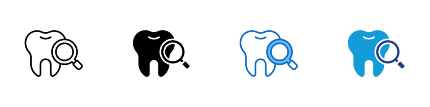 Dental Checkup Multiple Style Icon Design Vector - Tooth with magnifying glass representing dental examination, cavity detection, and oral hygiene care