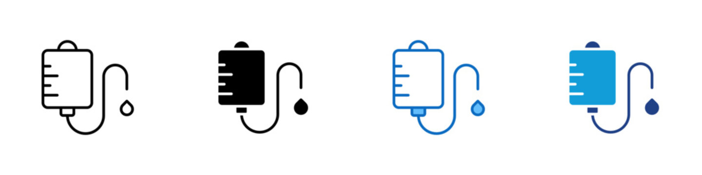 Blood Transfusion Multiple Style Icon Design Vector - IV bag with droplet representing blood donation, transfusion therapy, and hospital treatment