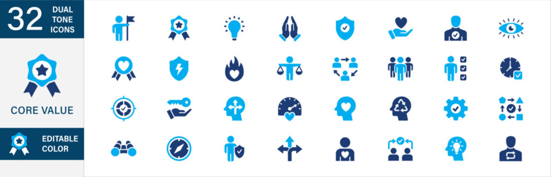 Core value icon set in dual tone blue color design. Personal core value icons. Contains icon of integrity, trust, responsibility, transparency, commitment, excellent, innovation, respect, discipline.