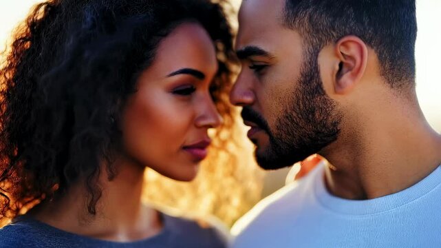 Slow dolly in tracking handheld motion of couple moving closer and gazing face to face during golden hour outdoor sunset in park field