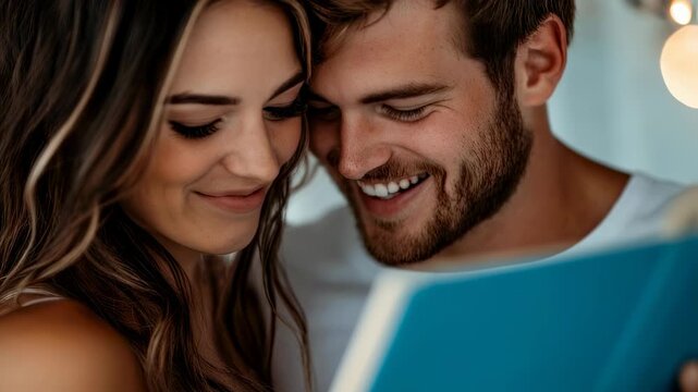 Handheld tracking shot of couple smiling while reading book in cozy indoor living room with warm string lights and soft bokeh background