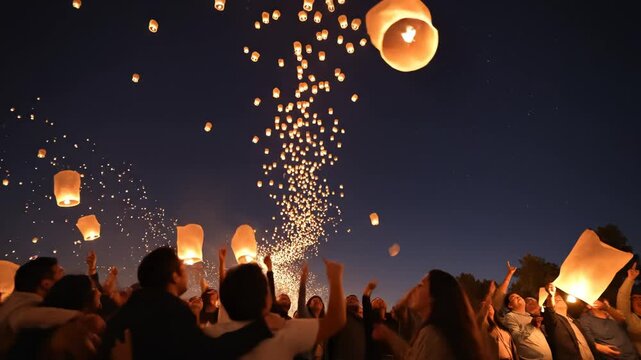 Group of people releasing sky lanterns
