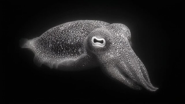 A marine cephalopod in striking monochrome, with textured body and large eyes. The creature is set on black