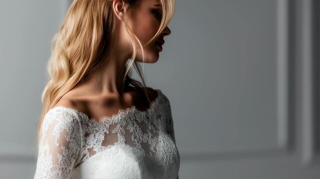 Slow motion tracking shot of bride turning head while wearing lace wedding dress in minimalist studio portrait setting