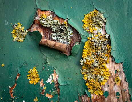 Decaying green paint peels to reveal weathered wood colonized by yellow and white lichen