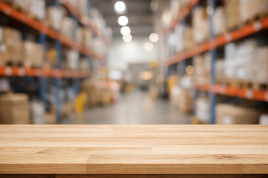 wooden top table with blurry background warehouse
