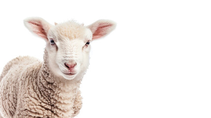 Obraz premium Adorable white baby lamb portrait isolated on white background, perfect for farm animals and nature lifestyle themes.
