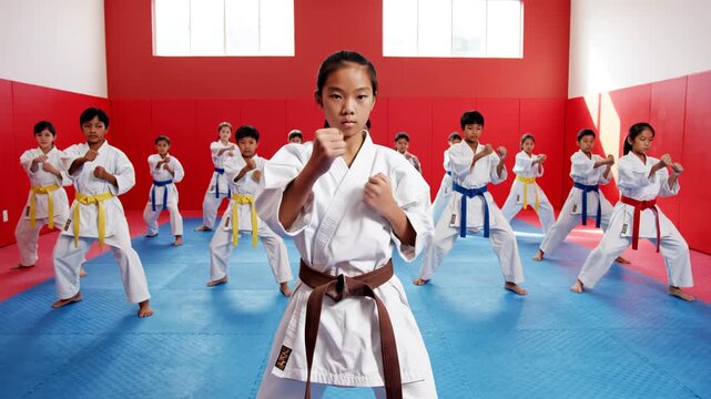 Children practicing karate in a dojo