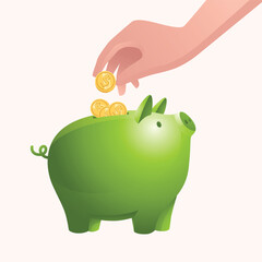 Hand Depositing Coins into Green Piggy Bank © ralisetdes